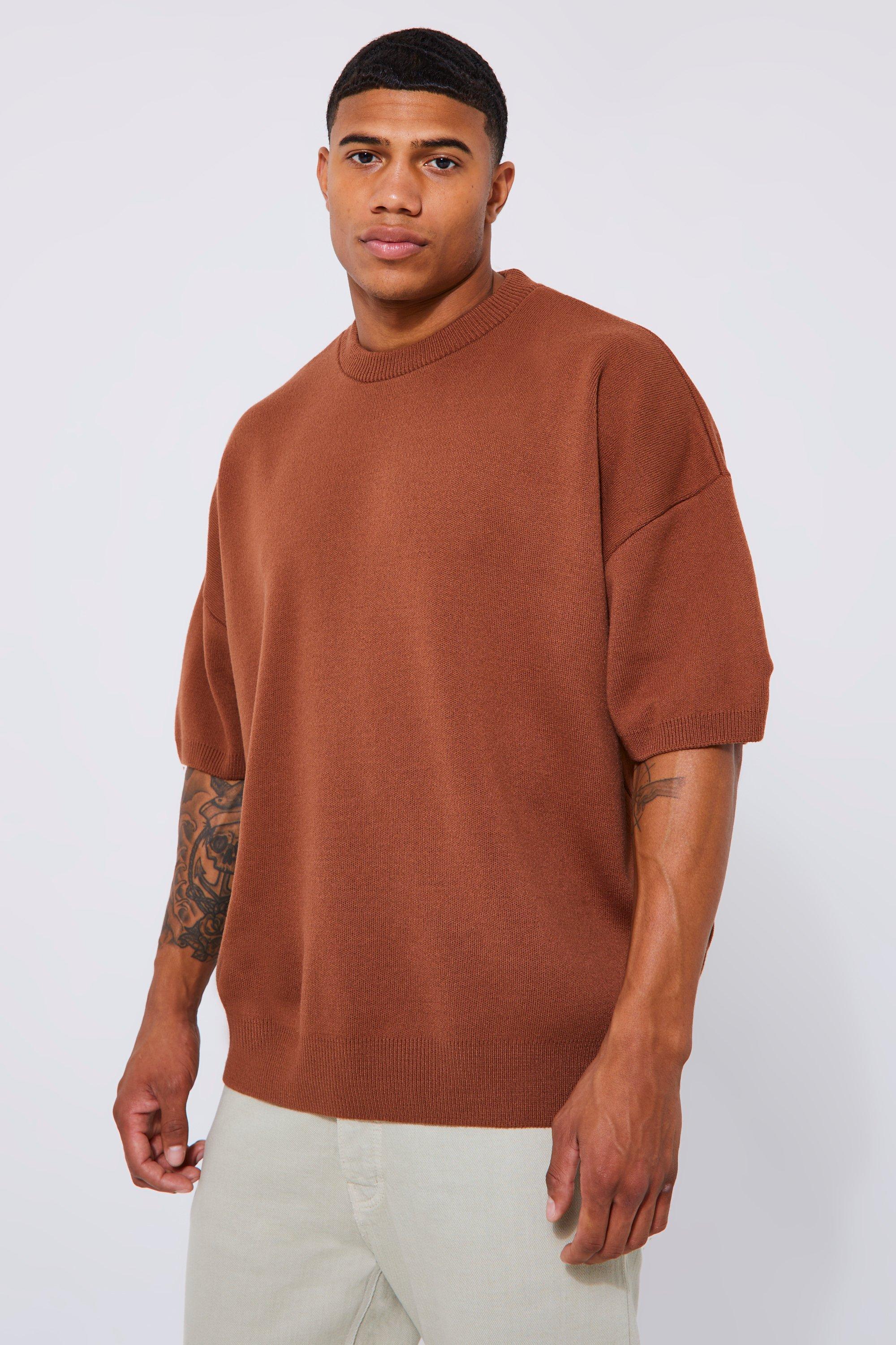 Mens Orange Oversized Drop Shoulder Knitted T-shirt, Orange